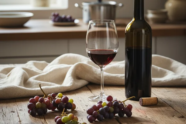 Clusters of dark berlandieri grapes beside a glass carboy on a walnut surface in warm natural light