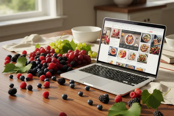 Baskets of fresh mixed berries and fruit on a walnut surface beside a grapevine cutting in soft natural light