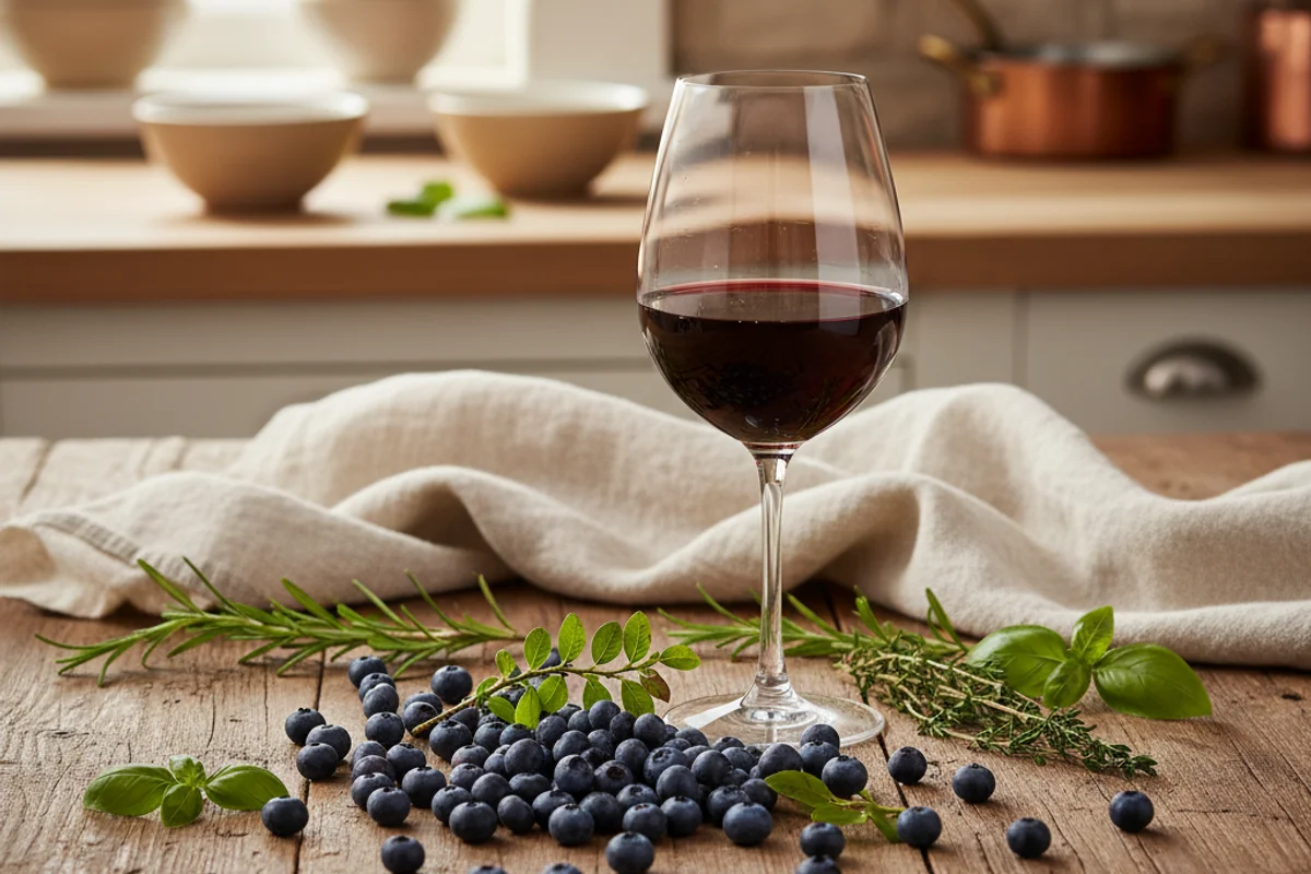 Rustic bilberry claret wine in a stemmed glass on a walnut surface with soft natural light