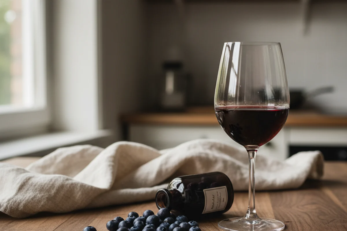 Rustic bilberry port wine in a glass beside dark-stained berries on a walnut surface in soft light