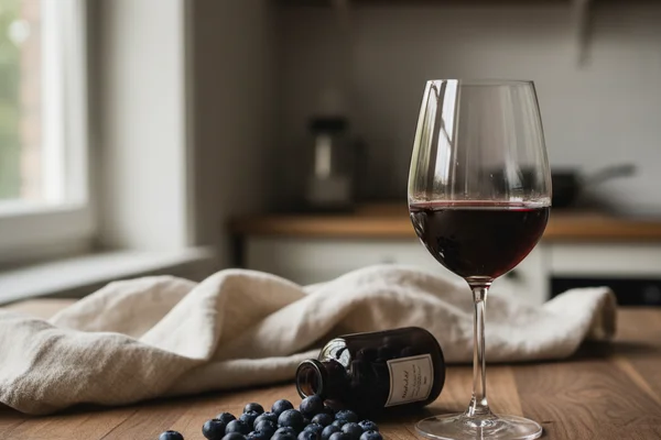 Rustic bilberry port wine in a glass beside dark-stained berries on a walnut surface in soft light