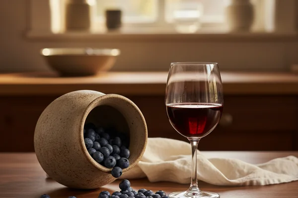 Rustic bilberry port wine in a glass beside dark berries on a walnut surface in soft natural light