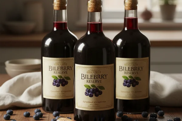 Deep purple bilberry wine in a glass beside fresh bilberries on a walnut surface in warm light