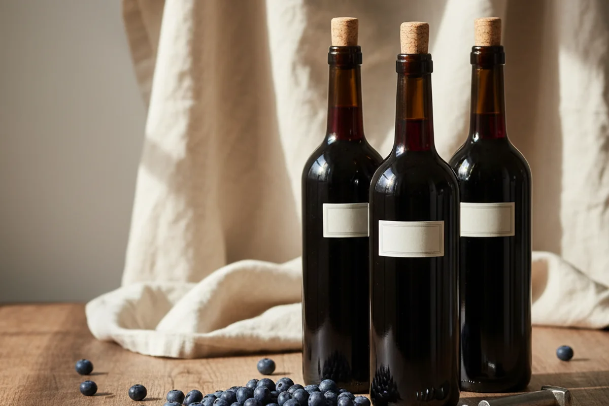 Fresh bilberries in a ceramic bowl on a walnut surface beside a glass of deep purple homemade wine