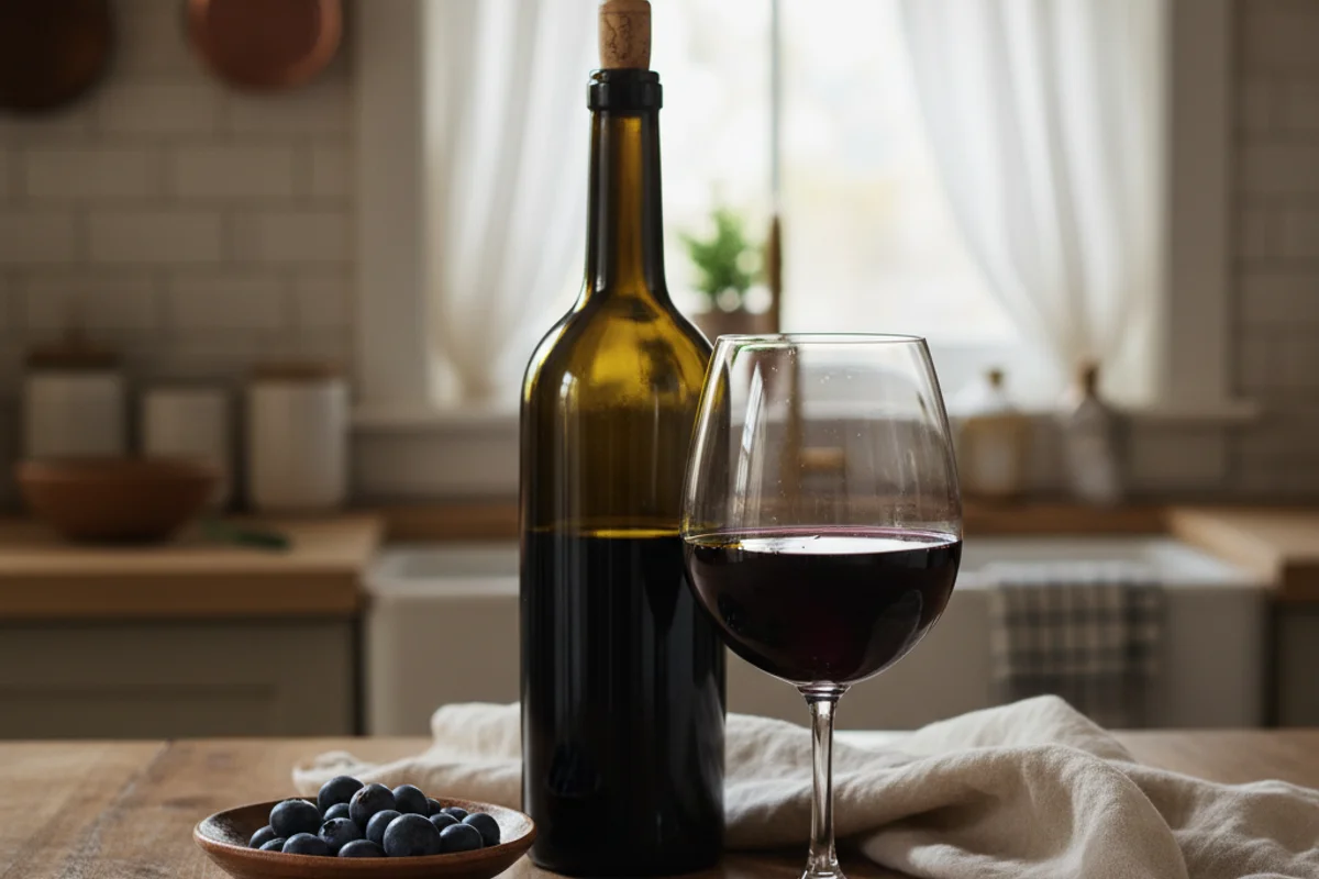 Fresh billberries in a rustic bowl on a walnut surface beside a glass of deep purple homemade wine