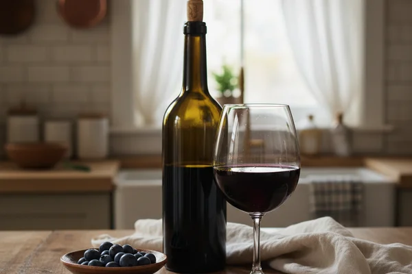 Fresh billberries in a rustic bowl on a walnut surface beside a glass of deep purple homemade wine