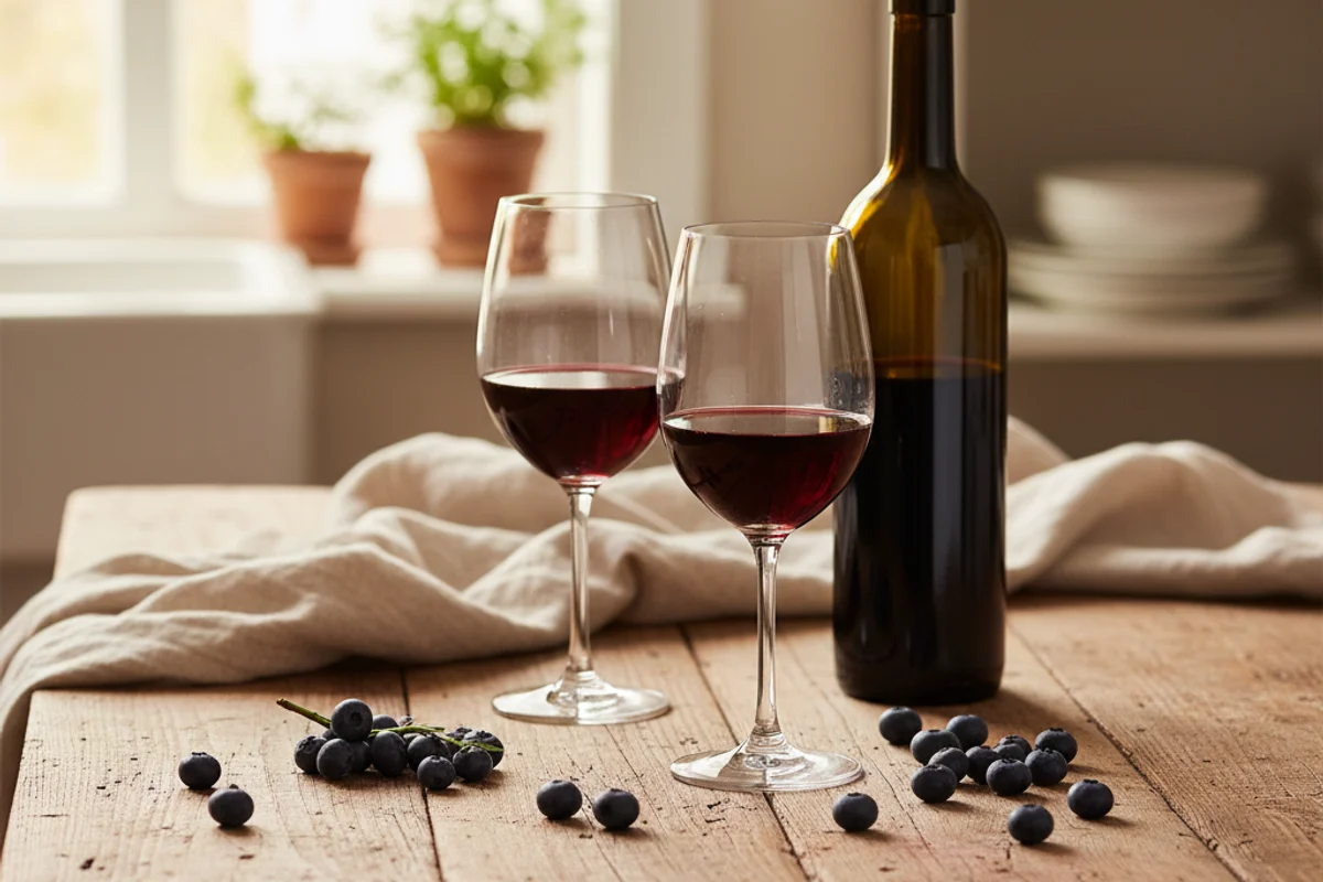 Dark billberries in a rustic bowl on a walnut surface beside a glass of deep violet homemade wine