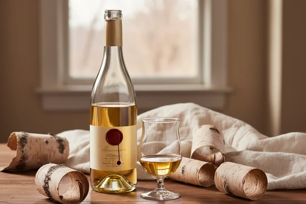 Pale birch sap wine in a glass beside a rustic jug on a walnut surface in soft natural light