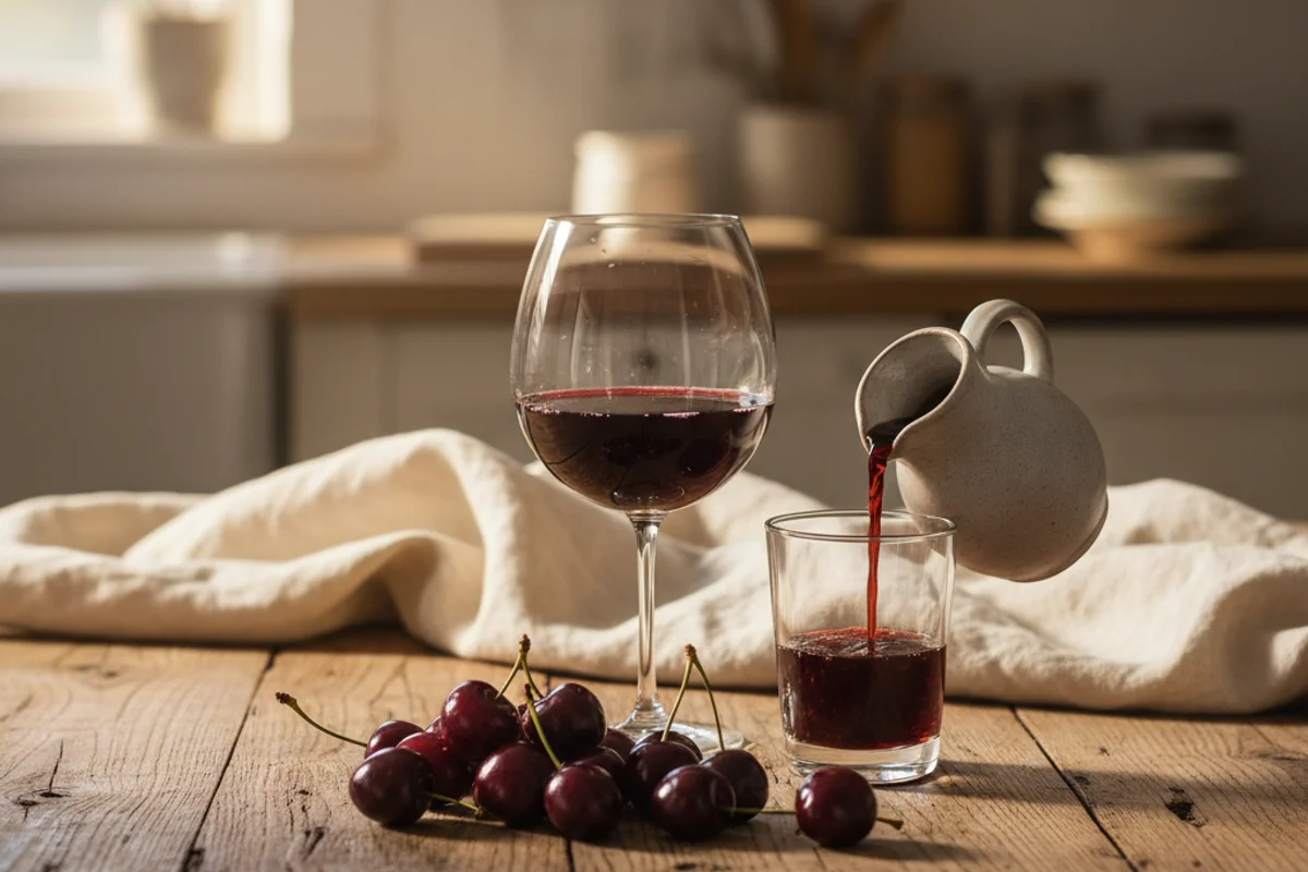 Black cherry juice wine in a glass on a walnut surface, soft natural light, cream linen backdrop