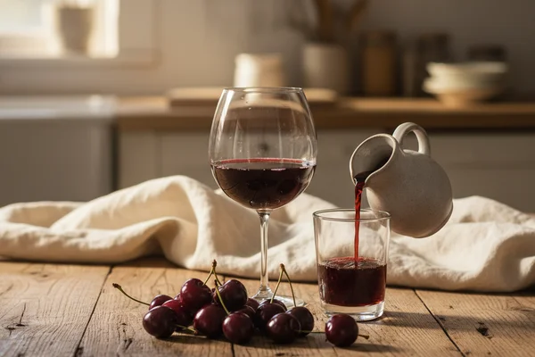 Black cherry juice wine in a glass on a walnut surface, soft natural light, cream linen backdrop
