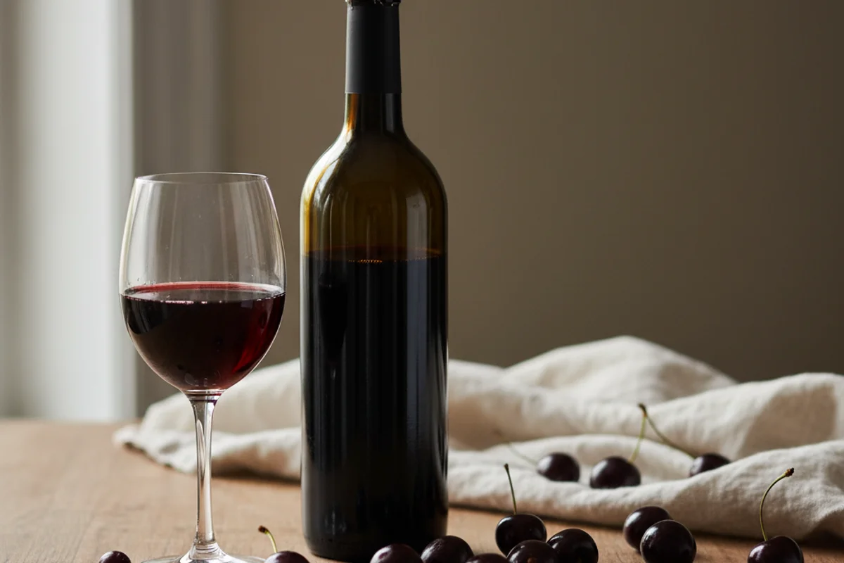 Black cherry wine in a glass beside fresh dark cherries on a walnut surface in soft natural light