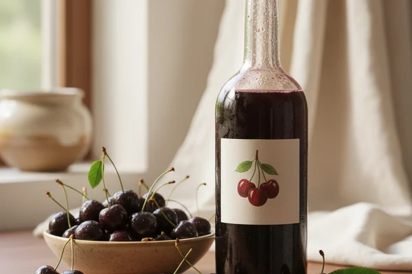 Black cherry wine in a glass beside fresh dark cherries on a walnut surface in soft natural light