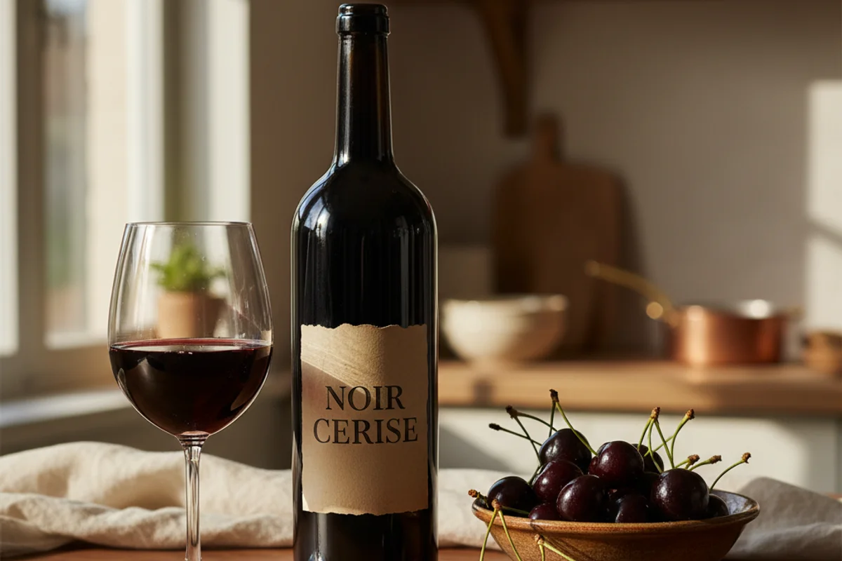 Deep red black cherry wine in a glass beside fresh dark cherries on a walnut surface in warm light
