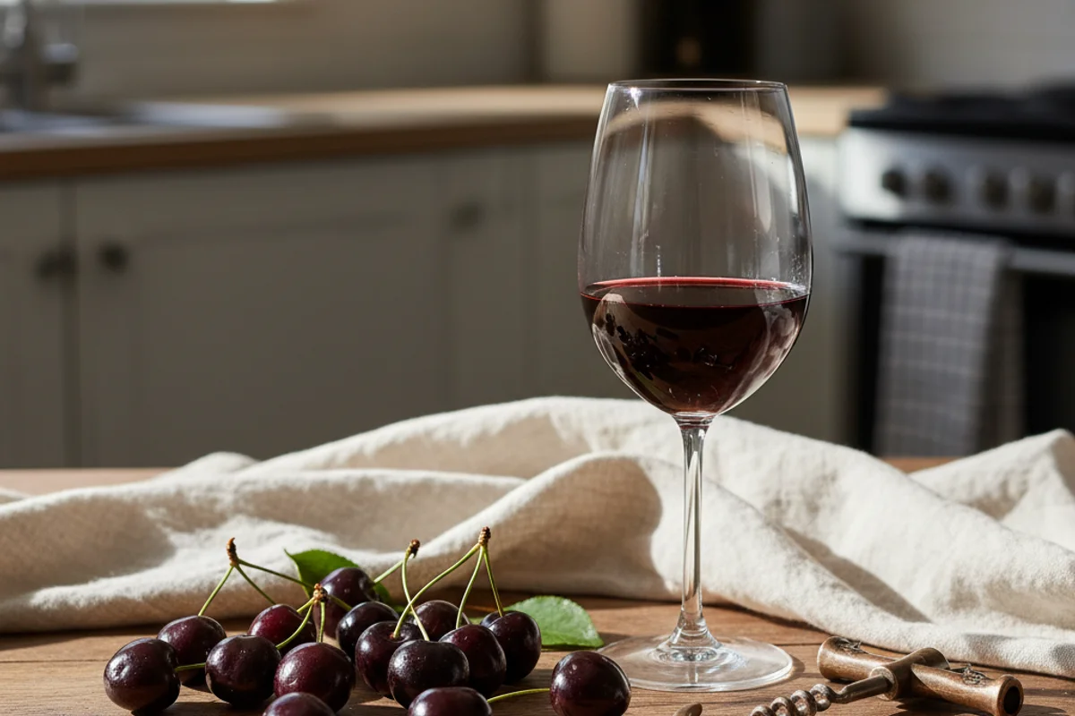 Fresh black cherries in a rustic bowl on a walnut surface beside a glass of deep red wine