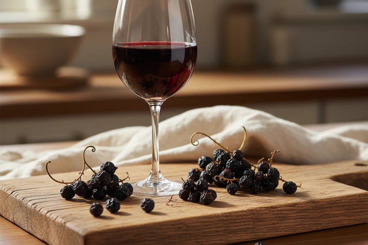 Dried black currants in a ceramic bowl on a walnut surface beside a glass of deep ruby wine in soft natural light