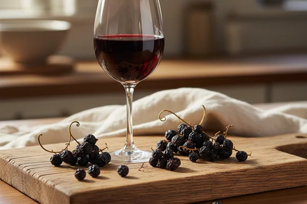 Dried black currants in a ceramic bowl on a walnut surface beside a glass of deep ruby wine in soft natural light