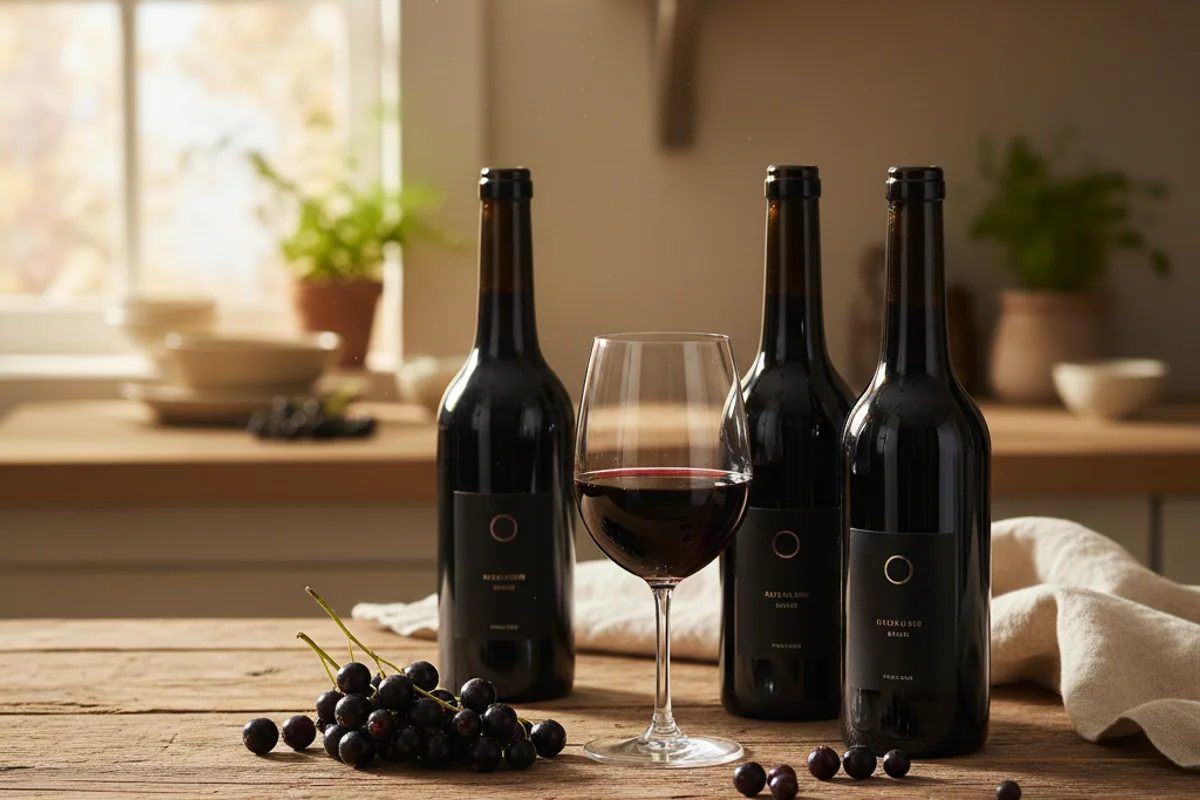 Fresh black currants in a wooden bowl on a walnut surface beside a glass of deep ruby wine in soft natural light