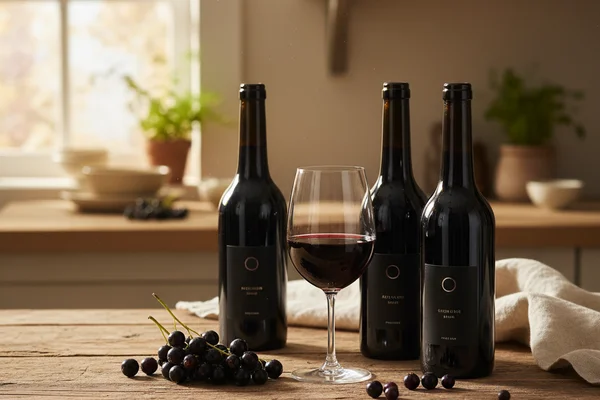 Fresh black currants in a wooden bowl on a walnut surface beside a glass of deep ruby wine in soft natural light