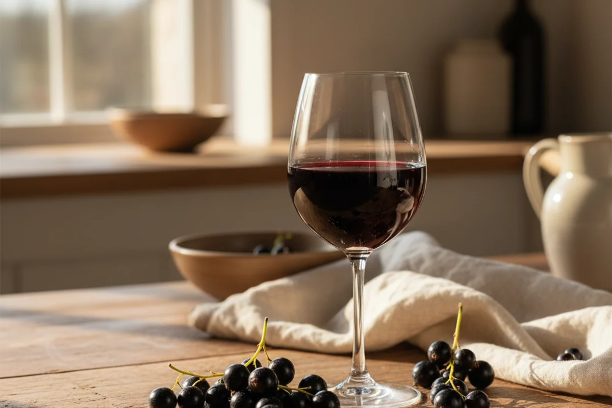Dark black currant clusters beside a glass of deep ruby wine on a walnut surface in warm light