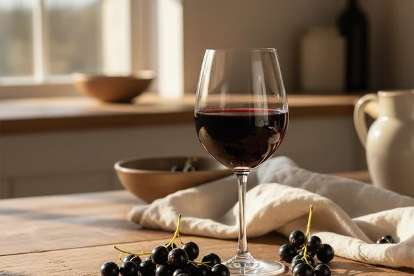 Dark black currant clusters beside a glass of deep ruby wine on a walnut surface in warm light