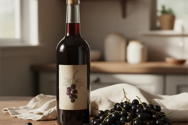 Black currant wine in a clear glass beside fresh black currants on a walnut surface in warm natural light