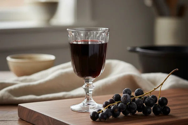 Black currant wine in a glass beside fresh black currants on a walnut surface in warm natural light