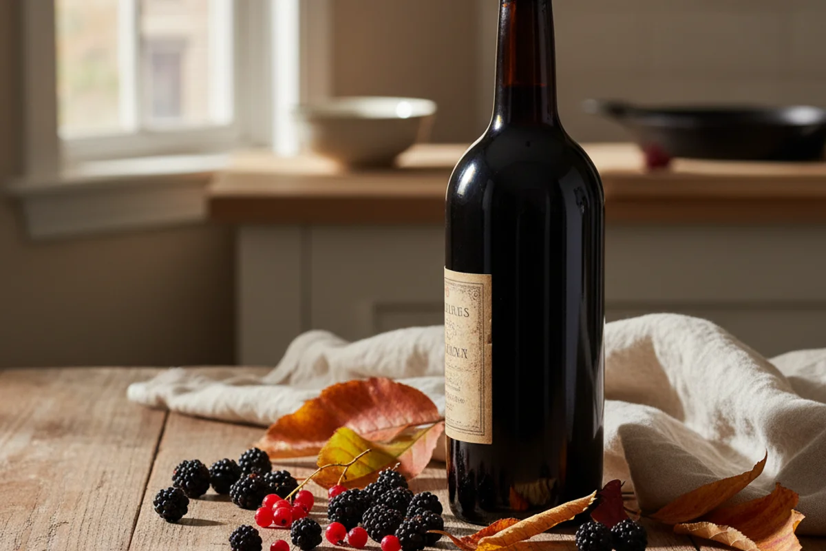 Ripe black haw berries in a rustic bowl on a walnut surface beside a glass of deep red wine