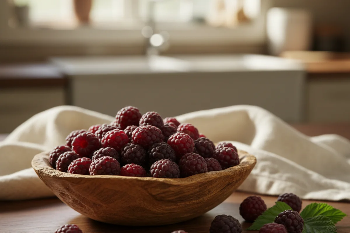 Fresh black raspberries clustered in a cream linen-lined bowl on a warm walnut surface in soft natural light
