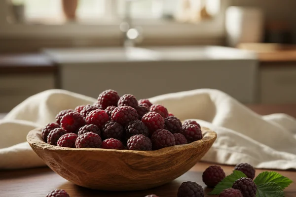 Fresh black raspberries clustered in a cream linen-lined bowl on a warm walnut surface in soft natural light