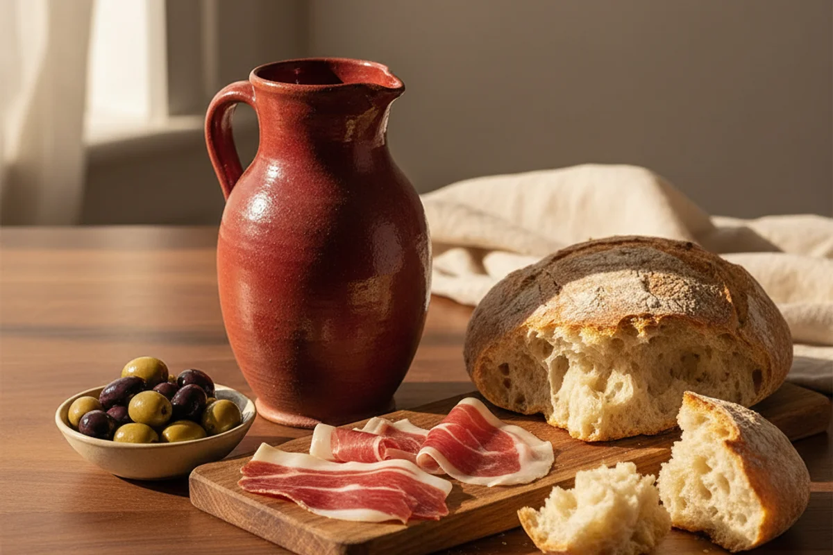 Black Spanish wine in a rustic glass on a walnut surface, bathed in warm natural light