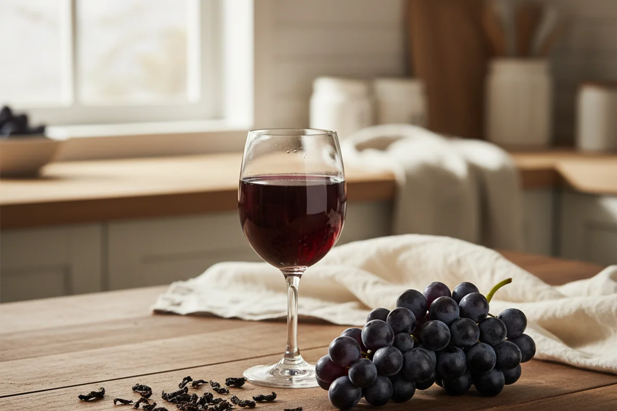 Rustic glass carboy of deep amber black tea wine resting on a walnut surface in soft natural light