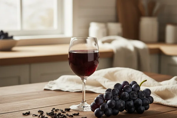 Rustic glass carboy of deep amber black tea wine resting on a walnut surface in soft natural light
