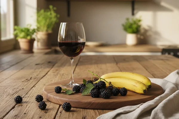 Blackberry and banana Madeira-style wine in a glass beside fresh fruit on a walnut surface