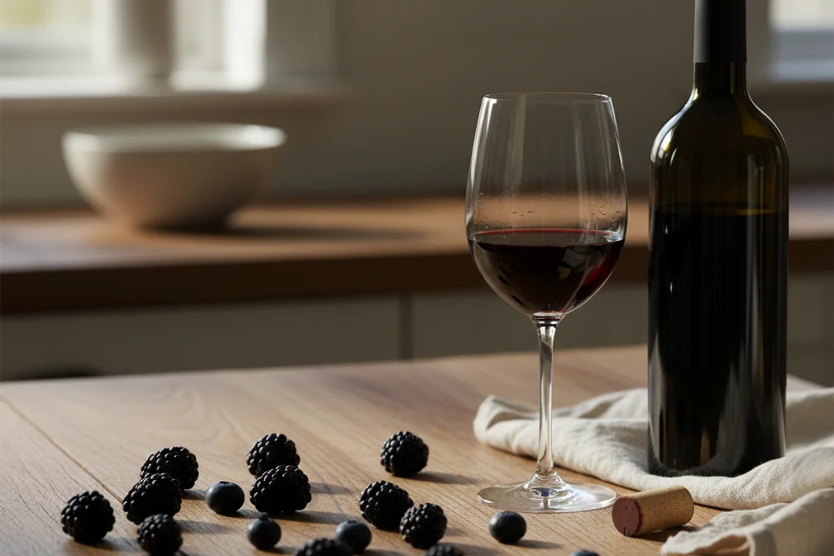 Rustic blackberry and blueberry wine in a glass jar on a walnut surface in warm natural light
