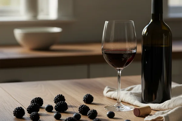 Rustic blackberry and blueberry wine in a glass jar on a walnut surface in warm natural light