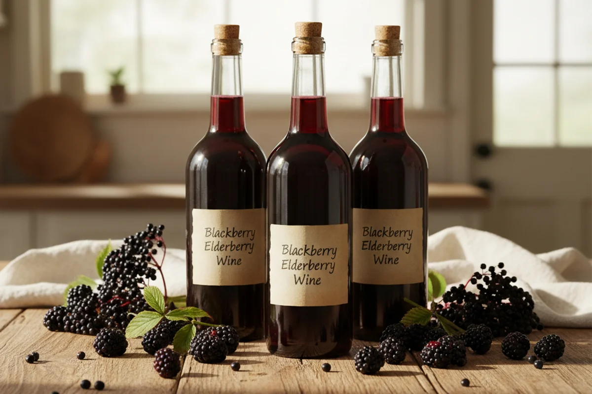 Deep purple blackberry-elderberry wine in a glass beside fresh berries on a walnut surface