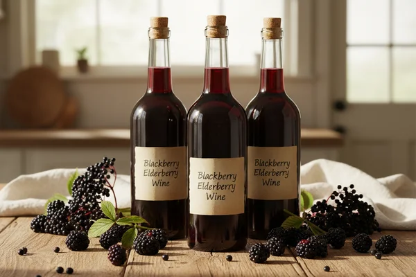Deep purple blackberry-elderberry wine in a glass beside fresh berries on a walnut surface