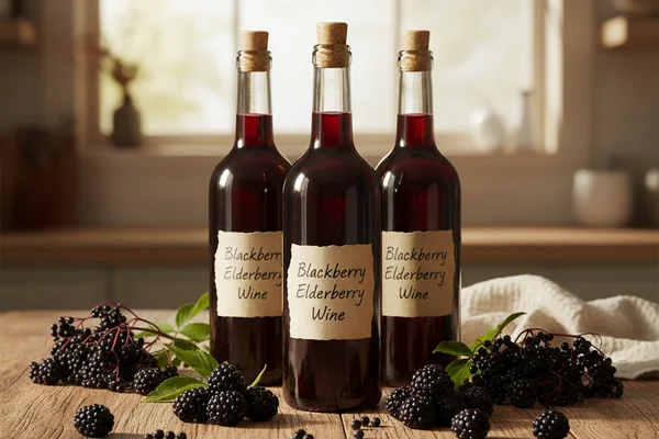 Fresh blackberry and elderberry clusters on a walnut surface beside a glass of deep purple wine in soft natural light