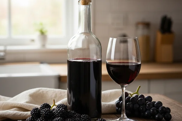 Blackberry-grape wine concentrate in a glass beside a rustic walnut surface with soft natural light