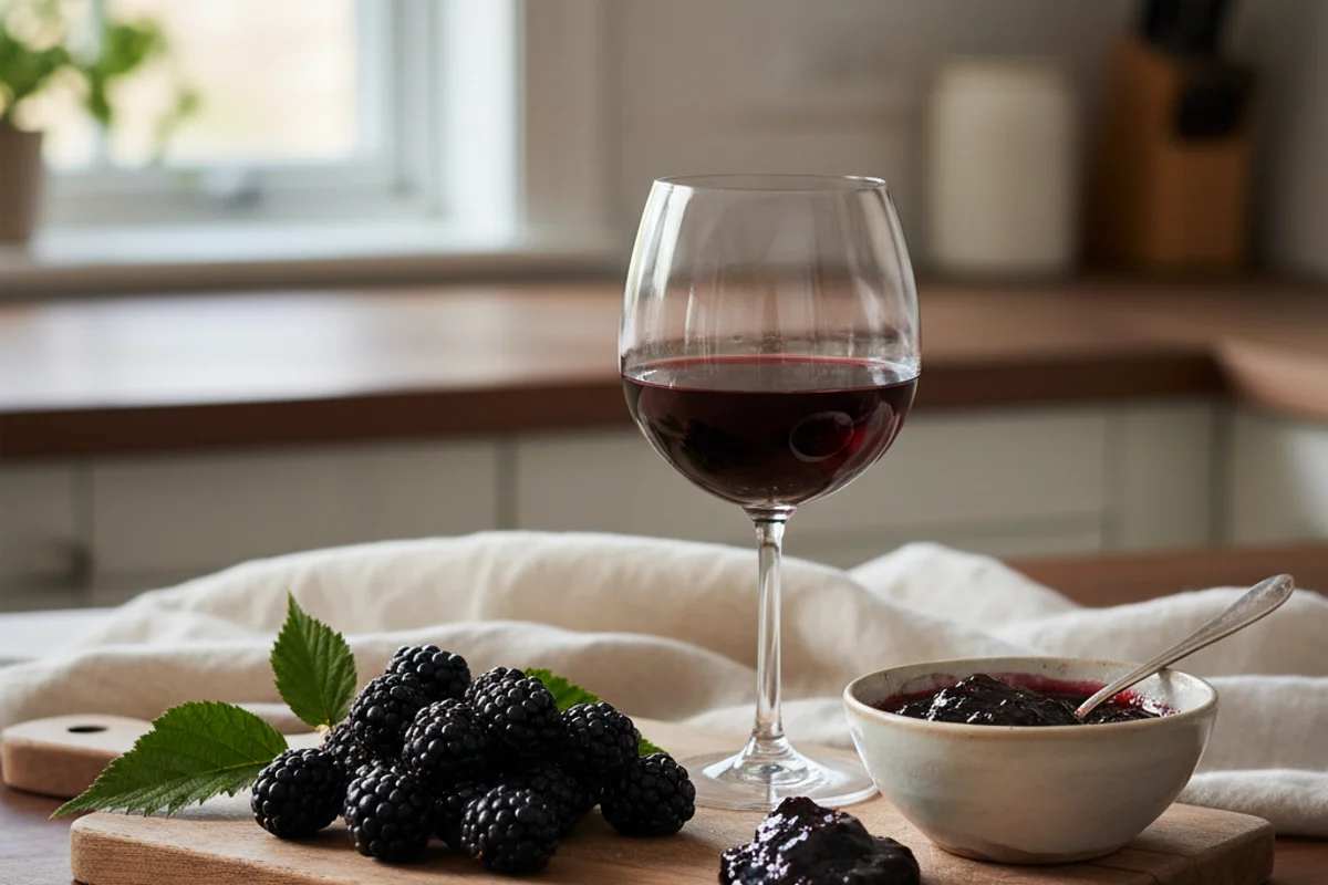 Deep ruby blackberry port wine in a glass on a walnut surface beside fresh blackberries in soft natural light