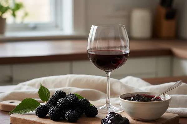 Deep ruby blackberry port wine in a glass on a walnut surface beside fresh blackberries in soft natural light