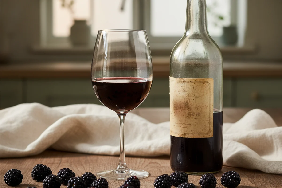 Deep purple blackberry wine in a glass on a walnut surface, surrounded by fresh blackberries in soft natural light