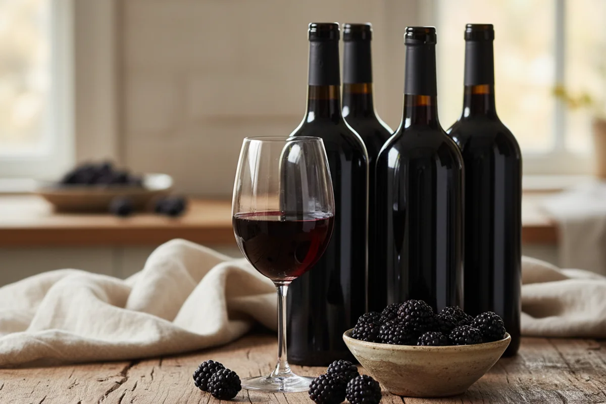 Fresh blackberries beside a glass of deep red wine on a walnut surface in warm natural light