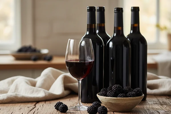 Fresh blackberries beside a glass of deep red wine on a walnut surface in warm natural light