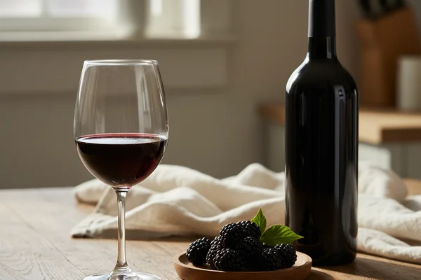 Fresh blackberry wine in a glass beside ripe blackberries on a walnut surface in soft natural light