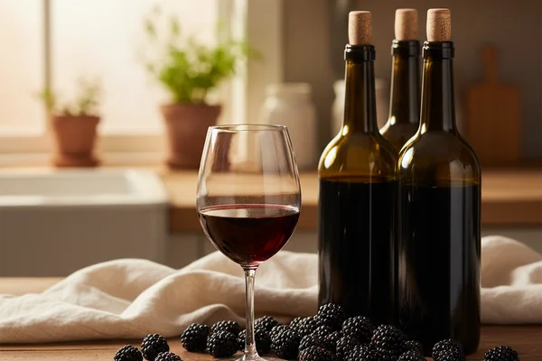 Blackberry wine in a glass on a walnut surface, soft natural light, fresh blackberries nearby