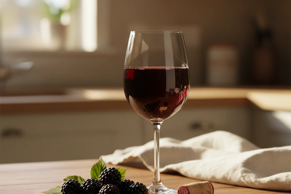 A glass carboy of fruit wine in primary fermentation, airlock bubbling