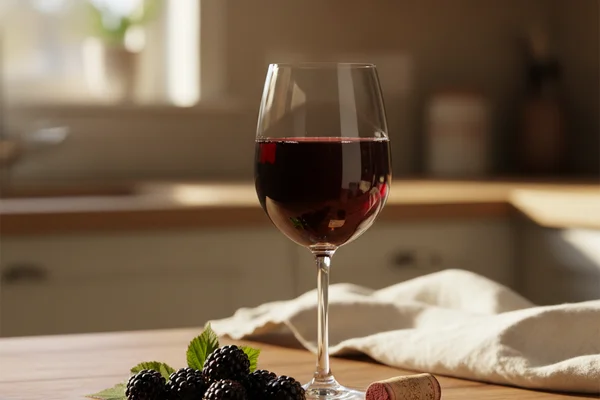 Fresh blackberries beside a glass of deep red wine on a walnut surface in warm natural light
