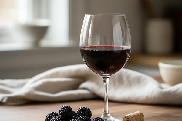 Fresh blackhawk berries beside a glass of deep red wine on a walnut surface in warm natural light