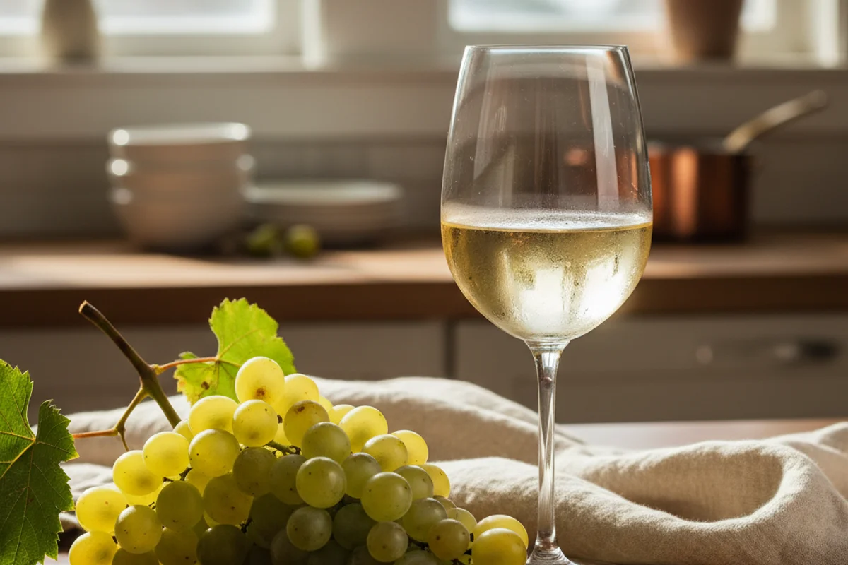 Chilled glass of pale golden Blanc du Bois white wine on a walnut surface in soft natural light